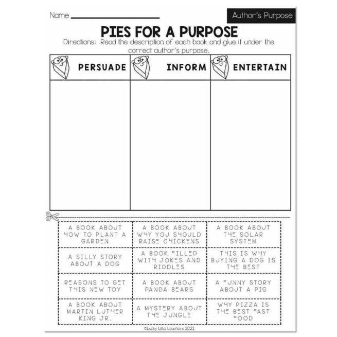 Spring - Early Finishers 2nd Grade - ELA - Author's Purpose - Pies for a Purpose