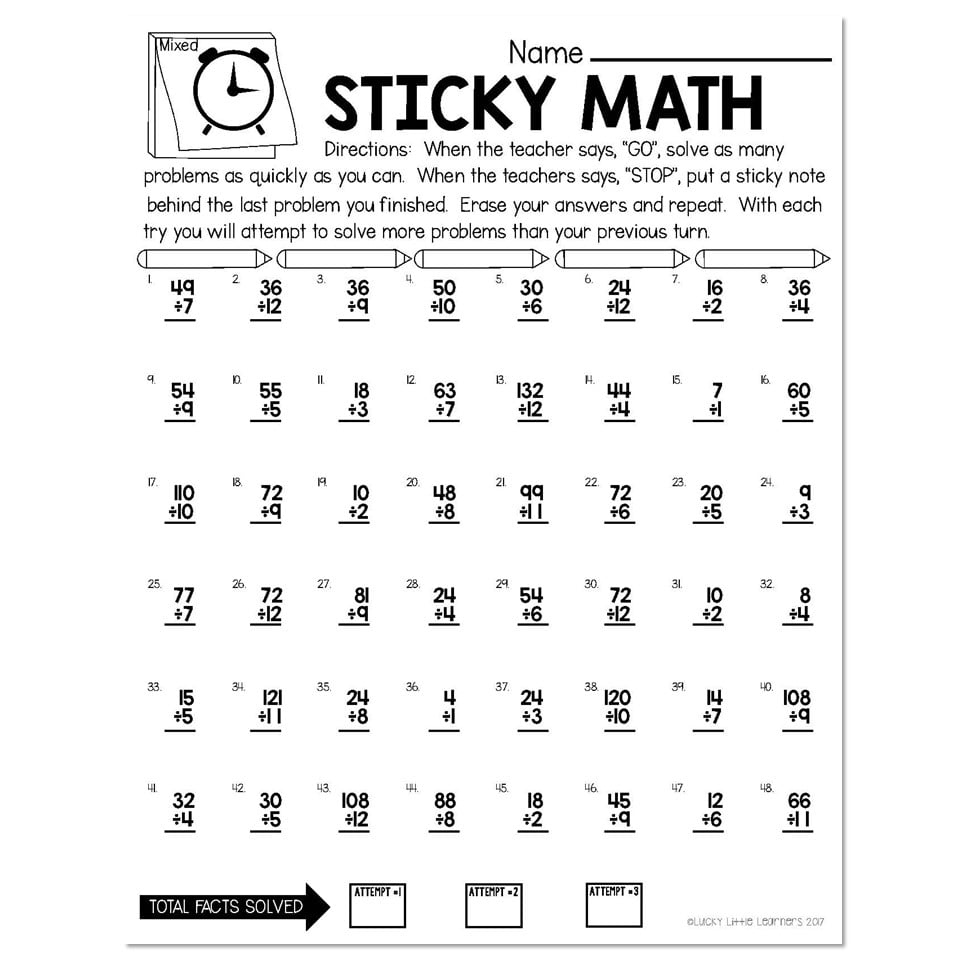 Sticky Math Fact Fluency Practice - Division - Mixed ÷ - Lucky Little ...