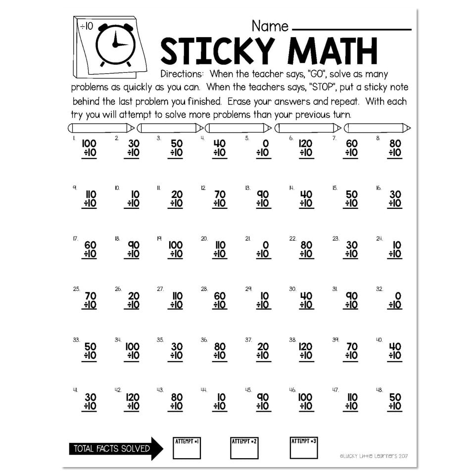 Sticky Math Fact Fluency Practice Division 10 Lucky Little Learners