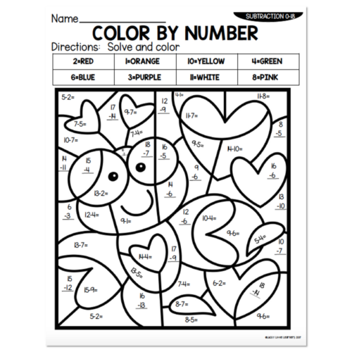 Color by number worksheet featuring a cute dog and heart, with numbered sections to solve and color, designed for early learners and educational activities.