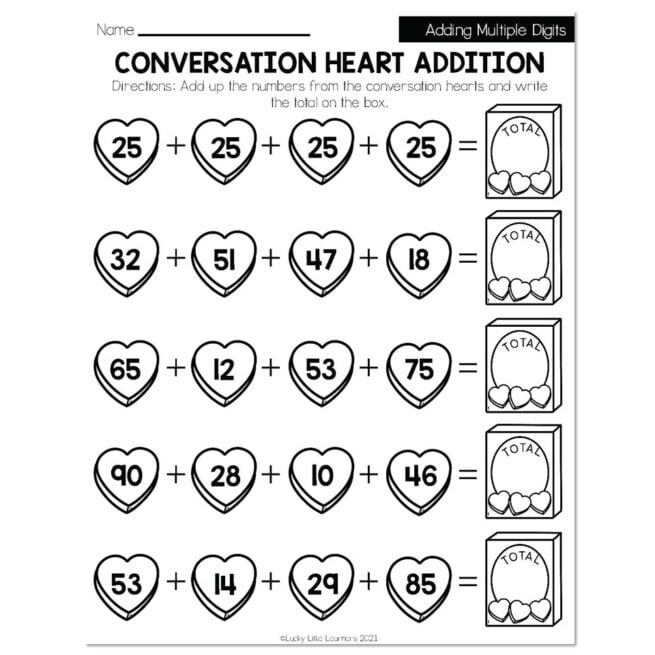 Winter - Early Finishers 2nd Grade - Math - Adding Multiple Digits - Conversation Heart Addition