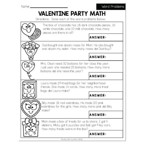 Winter - Early Finishers 2nd Grade - Math - Word Problems - Valentine ...