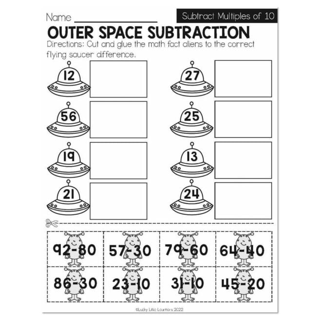 Spring - Early Finishers 1st Grade - Math - Subtract Multiples of 10 - Outer Space Subtraction