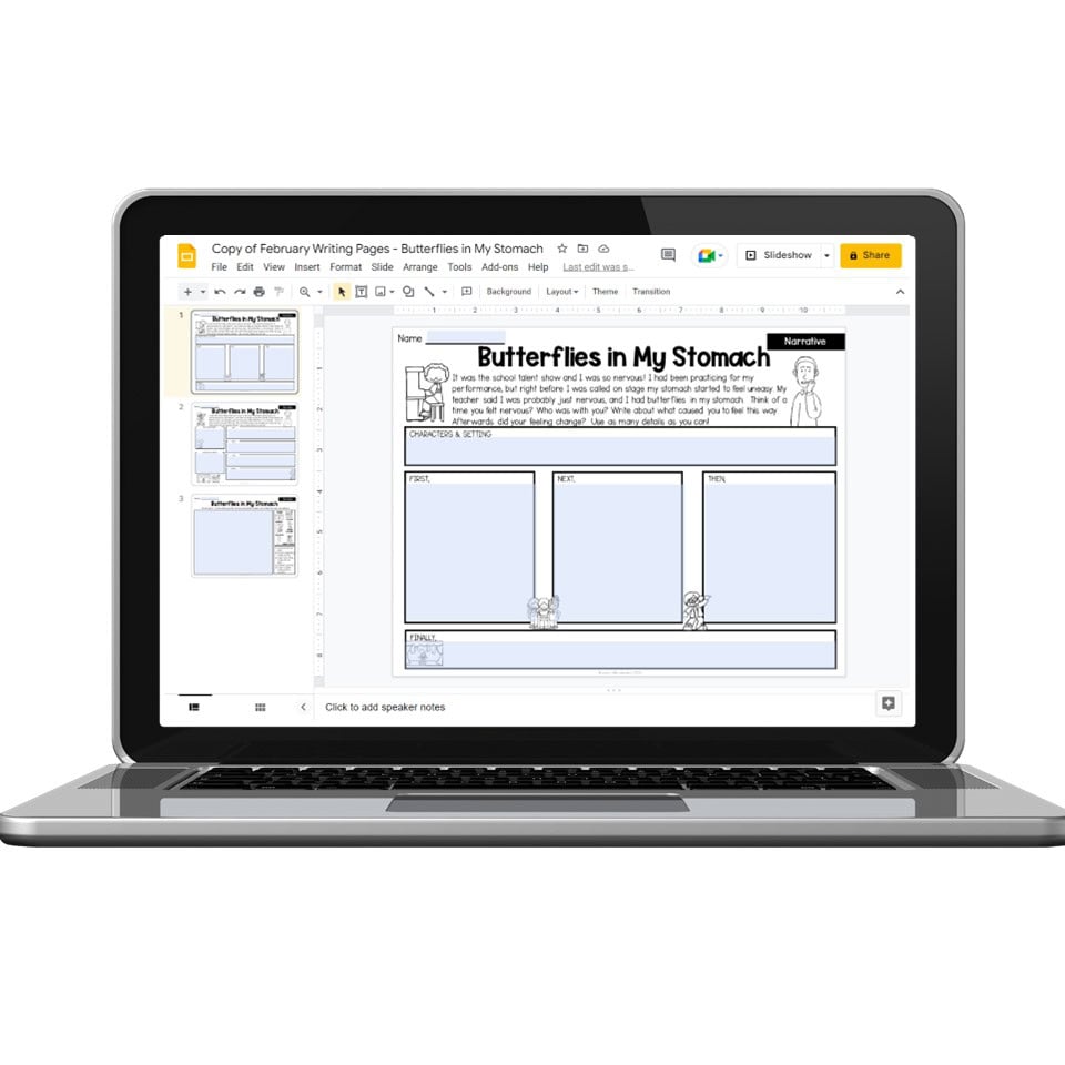 Digital February Writing Pages Narrative Butterflies in My