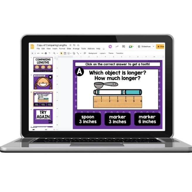 Digital - 1st and 2nd Grade Math Toothy® Task Cards - Comparing Lengths ...