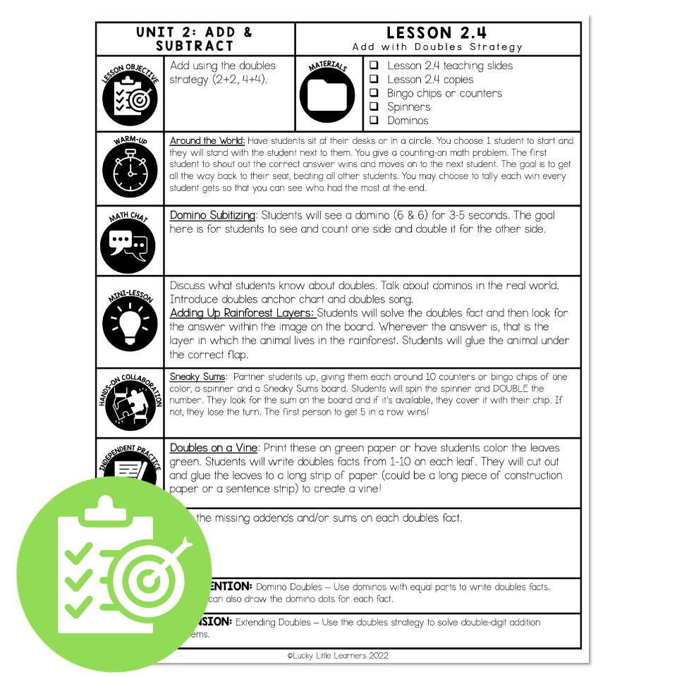 Lucky to Learn Math - Add with Doubles - Lesson 2.4 - Lesson Plan - Lucky  Little Learners