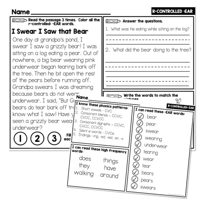 2nd Grade Decodable Phonics Passage – R-Controlled – EAR (air sound ...
