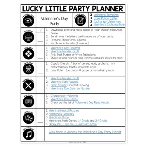 Lucky Little Party Planner for Valentine's Day Party, organizing printable resources and activities across categories including prep, decor, snacks, crafts, games, and read-alouds for classroom celebrations