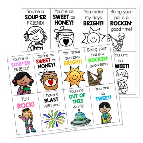 Printable Valentine's Day exchange cards featuring nine different compliments and praise messages with colorful illustrations, including soup-er friend, sweet as honey, you rock, and out of this world designs for elementary students
