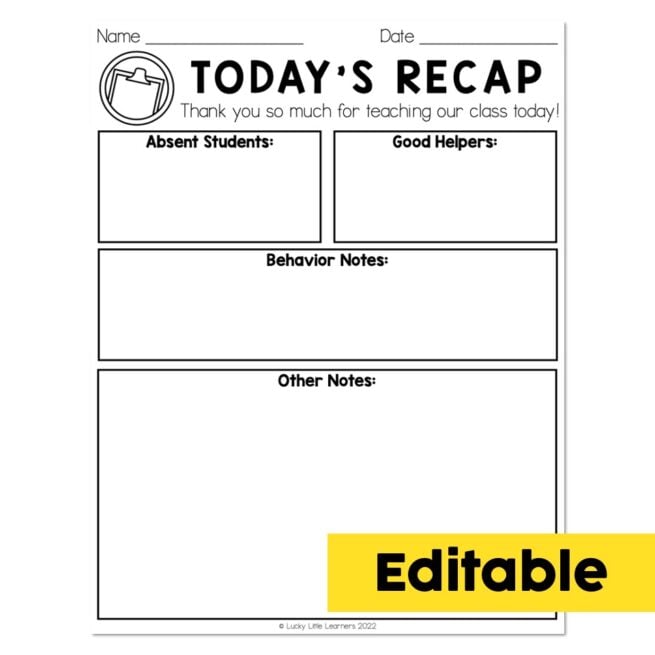 Sub Plans - Editable Today's Recap