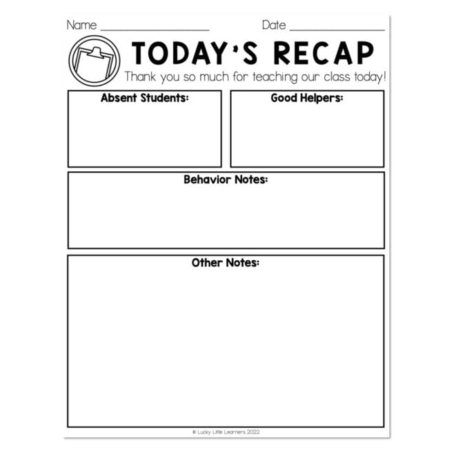 Recap Notes Sheets Sub Plans - Today's Recap - Lucky Little Learners