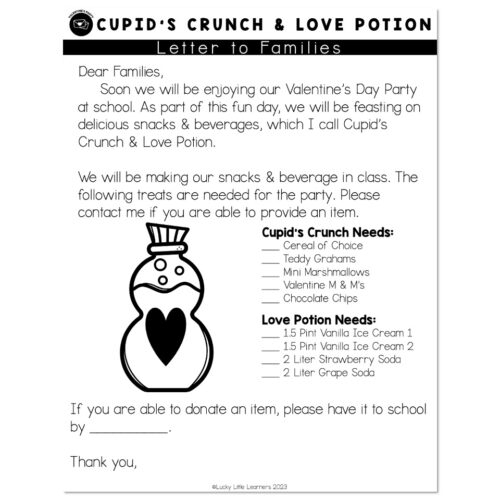 Letter to families for a Valentine's Day party, listing snack and beverage items needed for Cupid's Crunch and Love Potion classroom celebration activity
