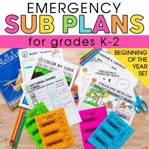 Emergency sub plans for grades K-2 featuring colorful worksheets, vocabulary cards, and classroom activities for beginning of the year preparation.
