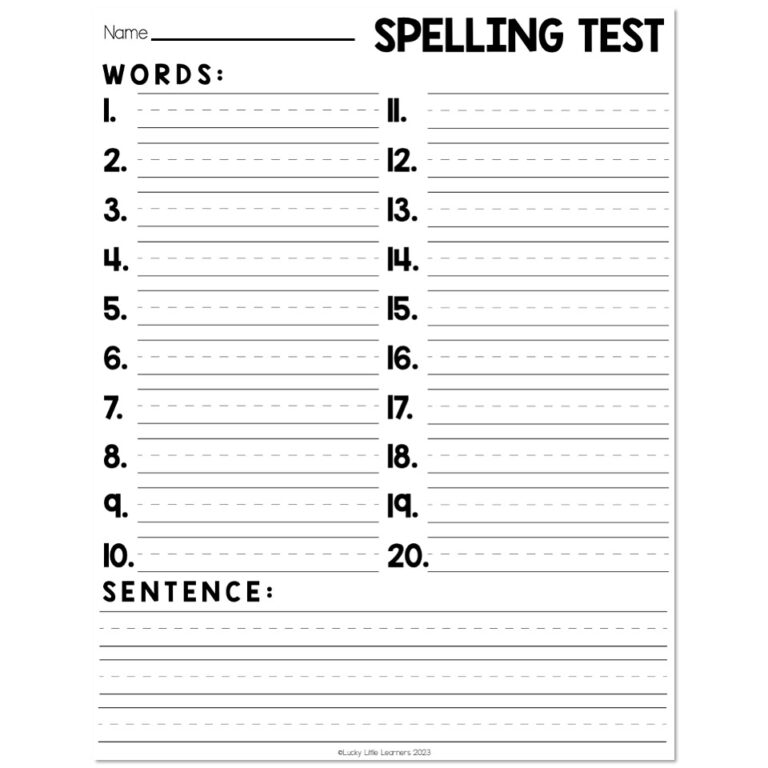 Spelling Test Template - 20 Words, Sentence Lines - Lucky Little Learners