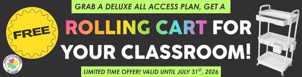 Lucky Little Learners rolling cart for classroom organization, featuring multiple shelves and a sturdy design, ideal for teachers and students.