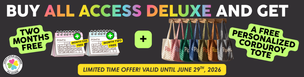Promotional banner for Lucky Little Learners offering two months free access, a free personalized corduroy tote, and a limited time June 29th, 2026, sale on educational resources.