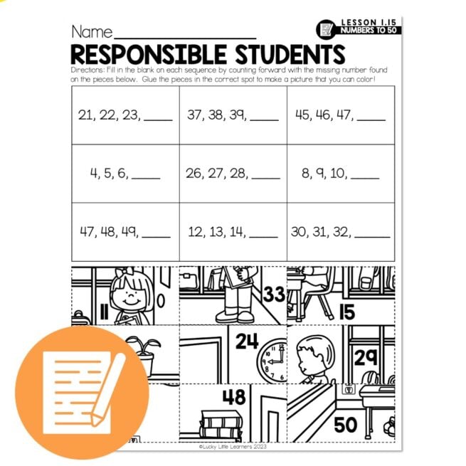 Lucky to Learn Math - 1st Grade - Lesson 1.15 - Numbers to 50 - Independent Practice - Responsible Students