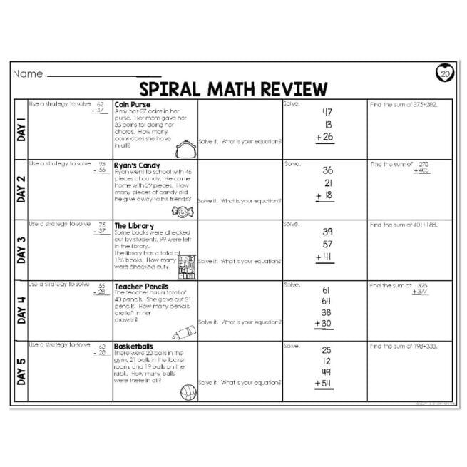2nd Grade Spiral Math - Week 20 - At - Lucky Little Learners