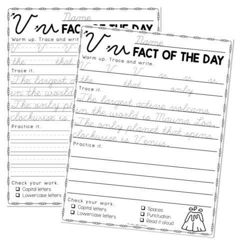 Fun Facts Cursive Handwriting Practice - V - Lucky Little Learners