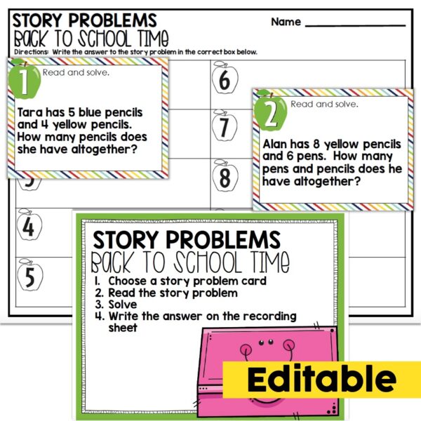 Editable 2nd Grade Math Center - August - Story Problems - Back to ...