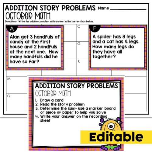 Editable 2nd Grade Math Center - October - Addition Story Problems ...