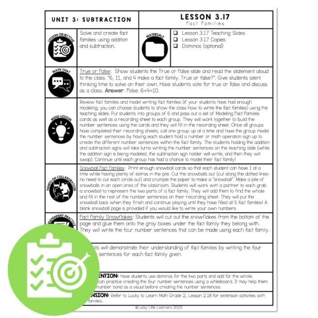 Lucky to Learn Math - 1st Grade - Lesson 3.17 - Fact Families - Lesson Plan