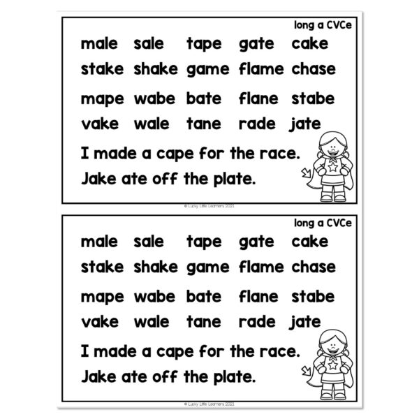 Lucky to Learn Phonics - Silent E - Long A - Word and Sentence List ...