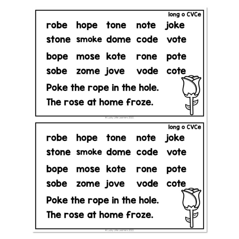 Lucky to Learn Phonics - Silent E - Long O - Word and Sentence List ...