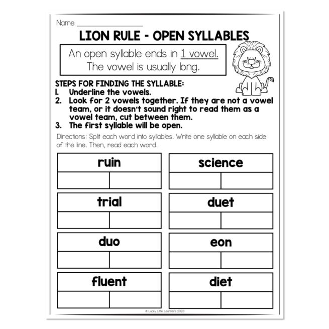 Multisyllable Words Book - Lion Rule - Open Syllable - Dividing - Lucky ...