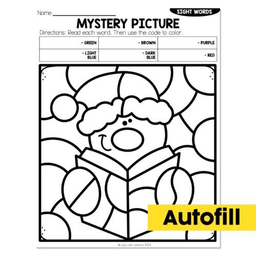 Sight words mystery picture worksheet featuring a gingerbread character in a box, with color-by-code legend and directions to read words and color accordingly