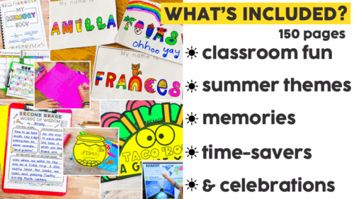 Bundle cover or marketing graphic showcasing 150-page resource with classroom activities, summer themes, memory pages, time-savers, and celebrations for early elementary students