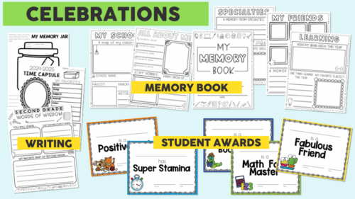 Bundle cover for end-of-year classroom resources including memory book, time capsule, writing prompts, student awards, and celebrations activities for kindergarten through second grade