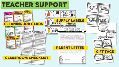 Teacher support bundle showing cleaning job cards, classroom checklist, supply labels, parent letter, and gift tags for elementary classroom organization and end-of-year activities