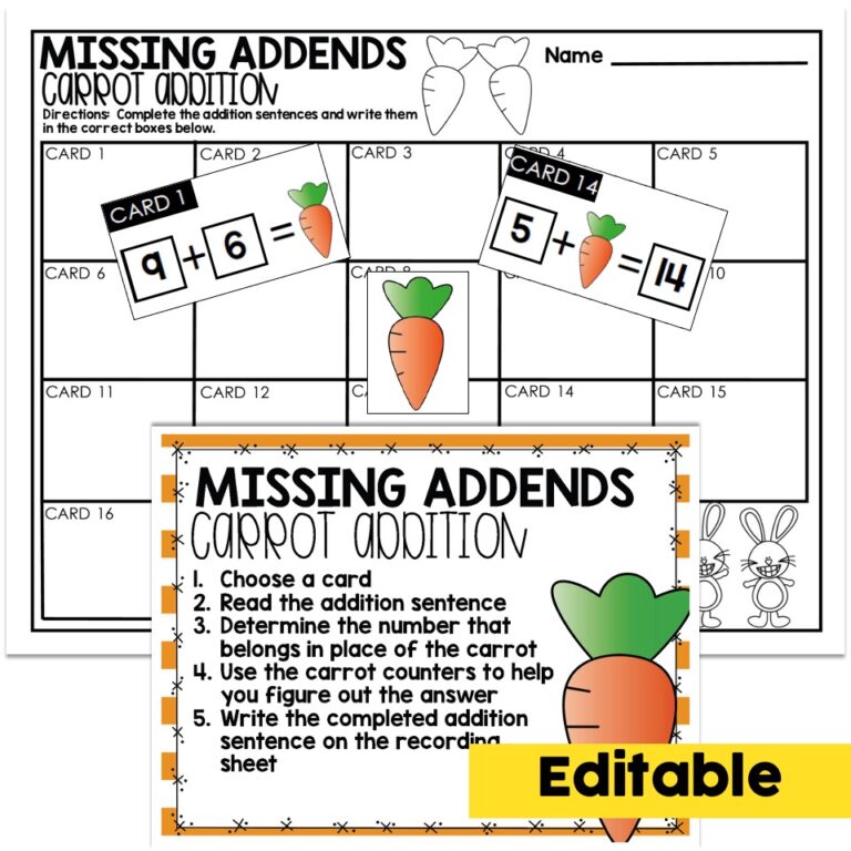 Editable - 1st Grade April Math Center - Missing Addends - Lucky Little ...