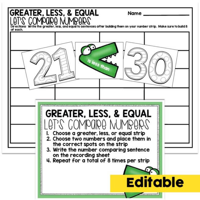 Less Math Course Editable - 1st Grade August Math Center - Greater, Less, & Equal ...