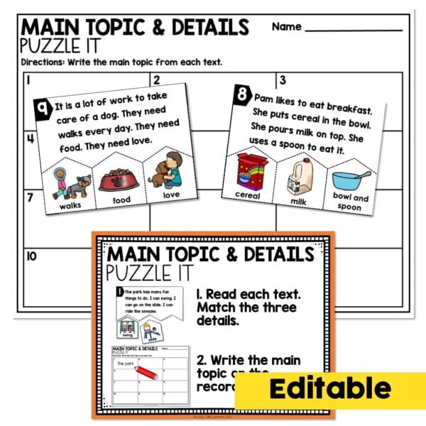 Editable - 1st Grade Reading Center - Main Topic and Details - Lucky ...