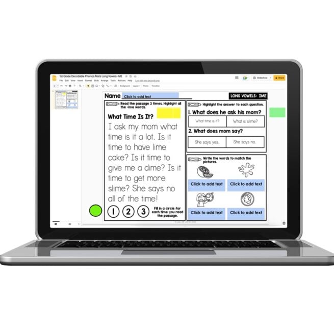 Digital 1st Grade Decodable Phonics Passage - Long Vowels - IME - Lucky ...
