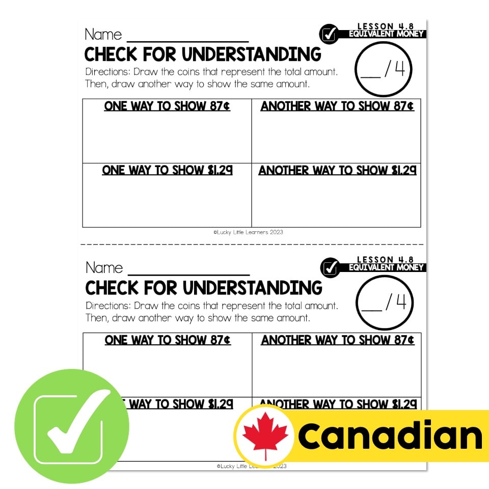 Lucky to Learn Math - Canadian Money - Equivalent Money Amounts ...