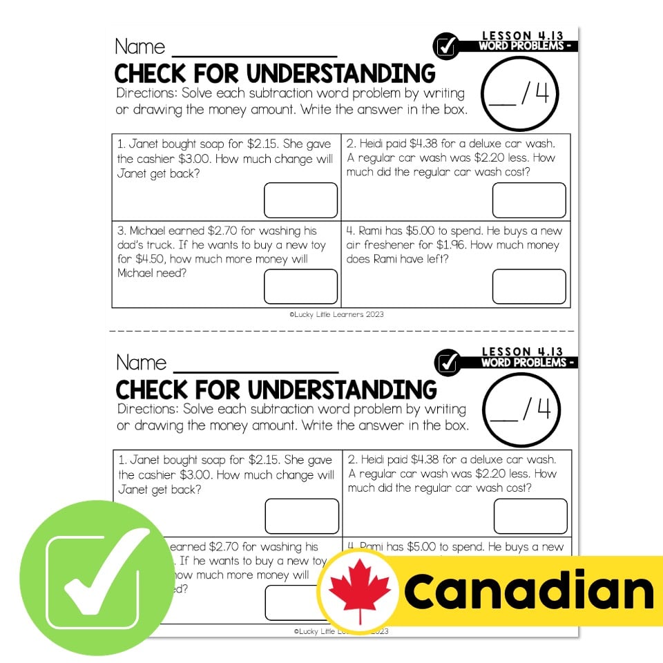 Lucky to Learn Math - Canadian Money - One Step Subtraction Money Word ...