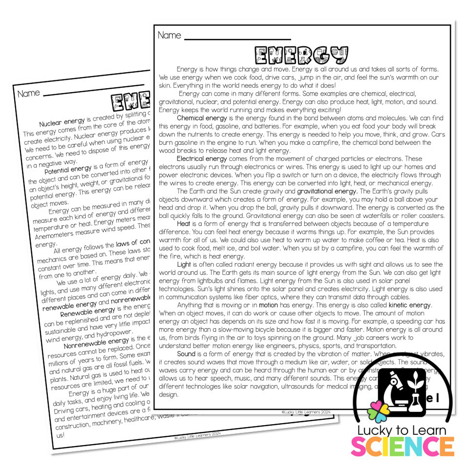Lucky to Learn Science - Energy - Reading Passage Article - Lucky ...