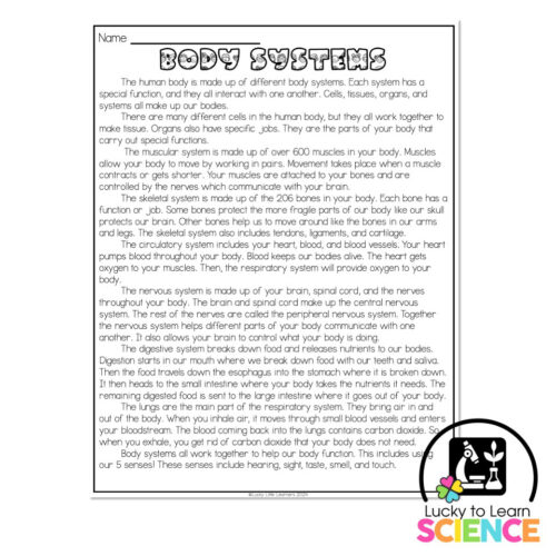 Lucky to Learn Science - Body Systems - Reading Passage Article - Lucky ...