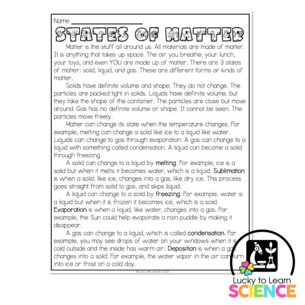 Lucky to Learn Science - States of Matter - Reading Passage Article ...