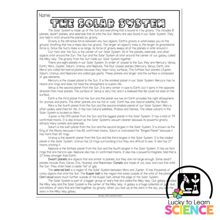 Lucky to Learn Science - The Solar System - Reading Passage Article ...