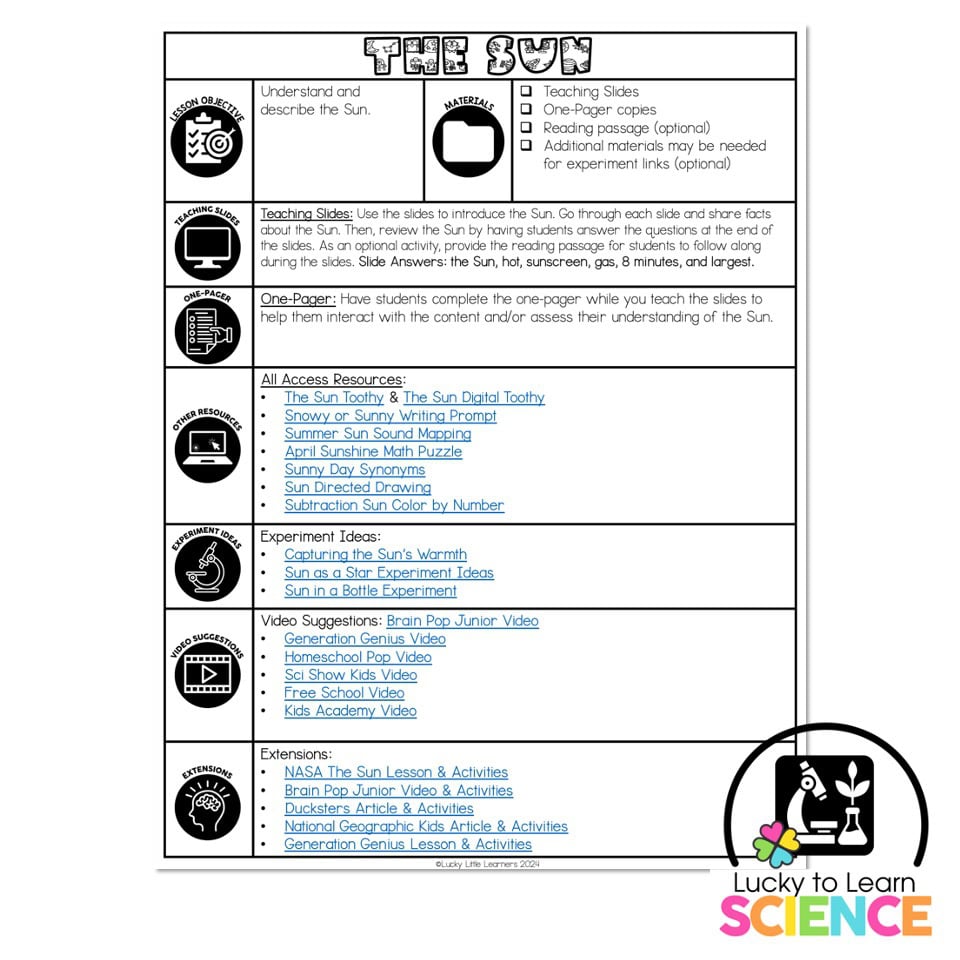 Lucky to Learn Science - The Sun - Teacher's Guide - Lucky Little Learners