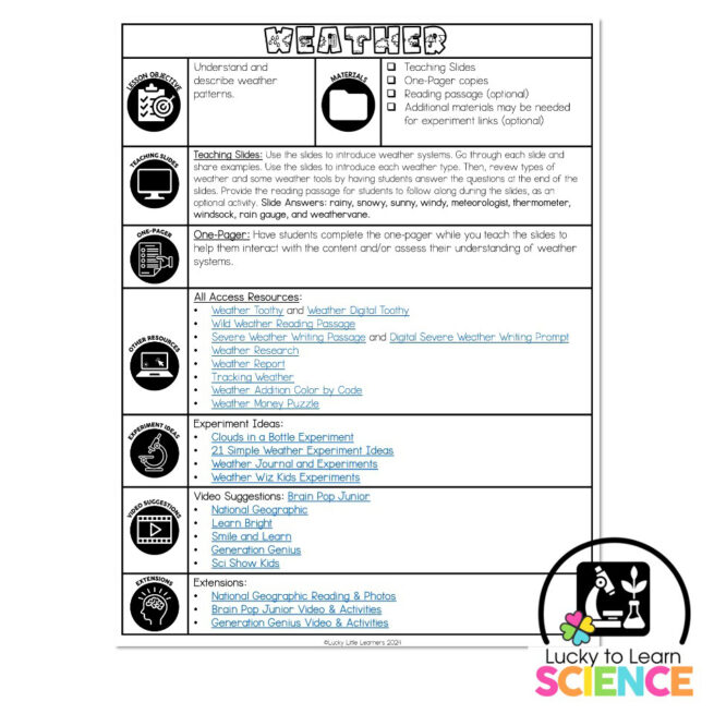Lucky to Learn Science - Weather - Teacher's Guide - Lucky Little Learners