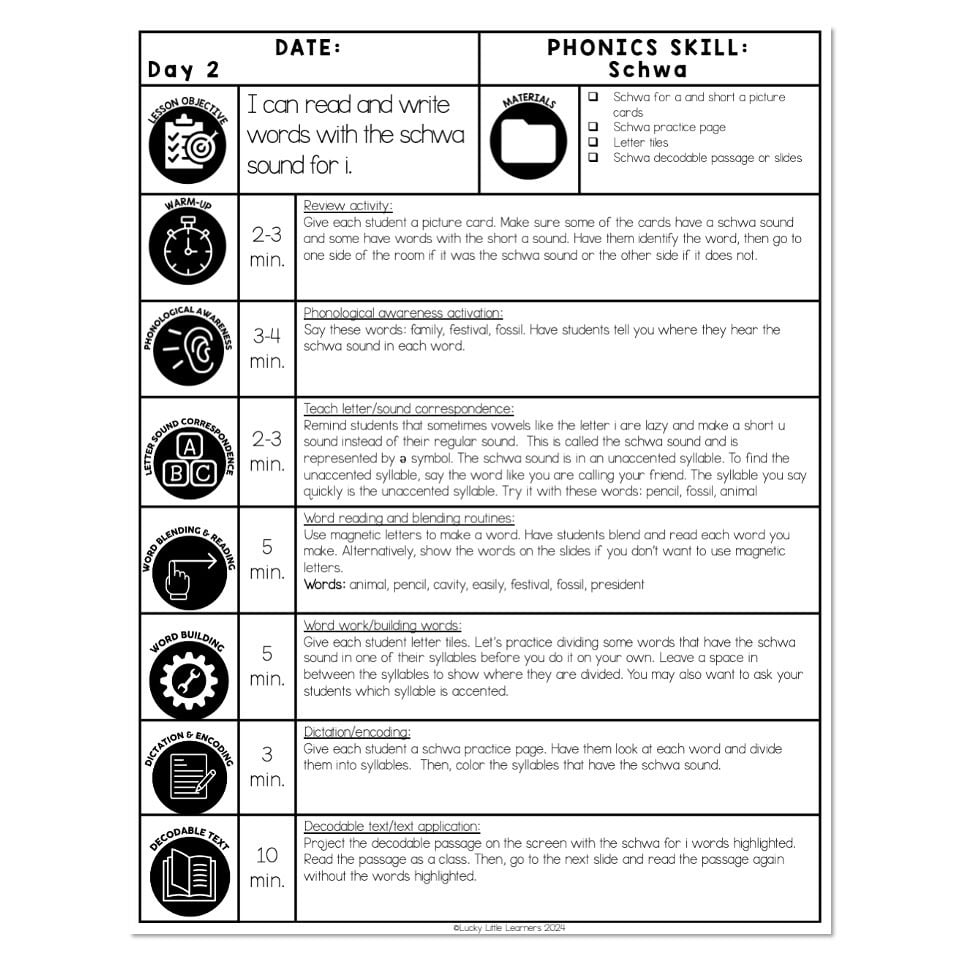 Lucky to Learn Phonics - Syllables - Schwa Syllables - Lesson Plan Day ...