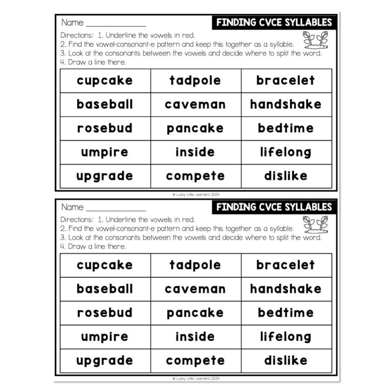 Lucky to Learn Phonics - Syllables - Silent E Syllables - Half-Pager ...