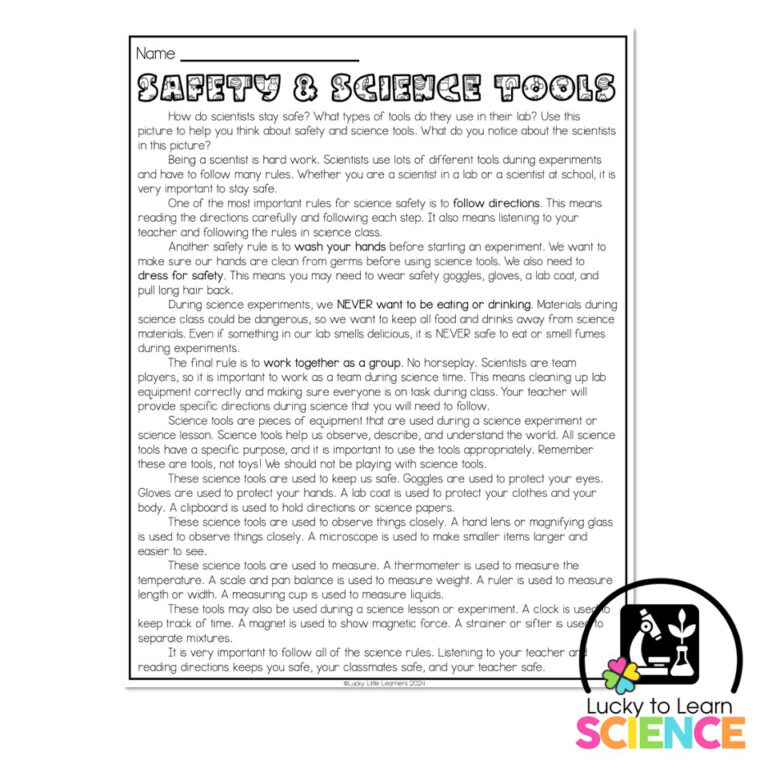 Lucky to Learn Science - Safety and Science Tools - Reading Passage ...