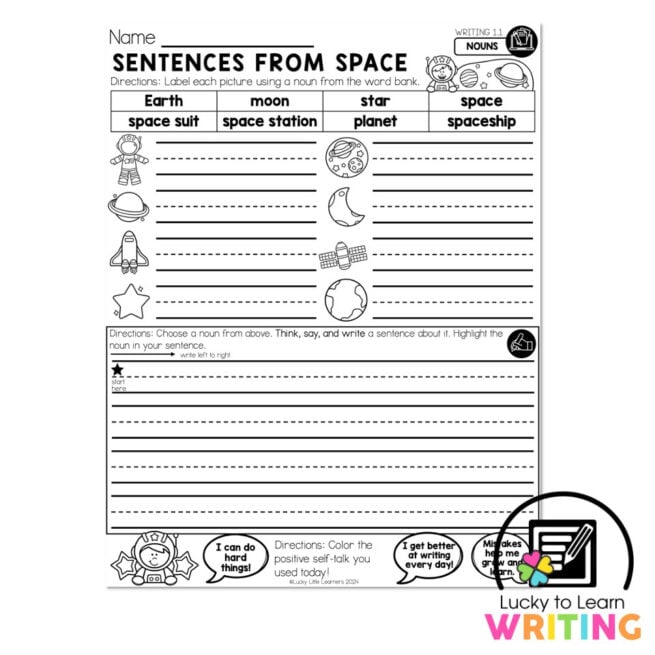 Lucky to Learn Writing - Unit 1 Foundations - Writing 1.1 - Nouns- Student Printables - Sentences From Space