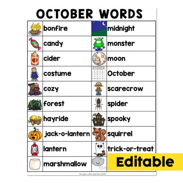 Editable Monthly Word List - October - Lucky Little Learners